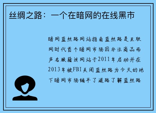 丝绸之路：一个在暗网的在线黑市